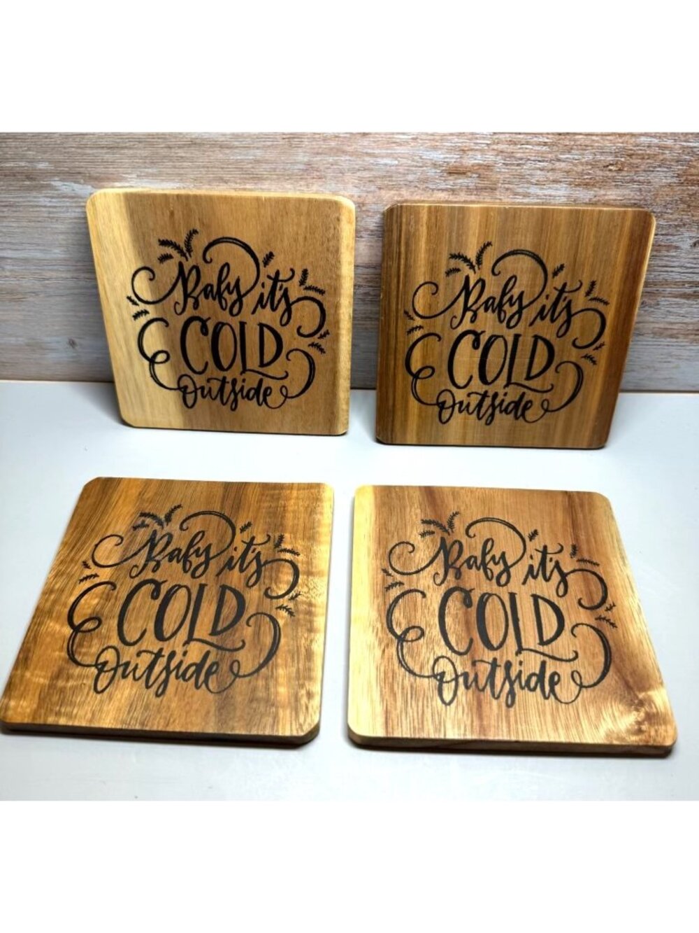 Wooden Christmas Rustic Coasters "Baby Its Cold Outside" Holiday Set of 4 - Picture 3 of 3